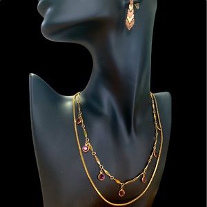 VTG Gold violet crystal bezel necklace small anchor chain chevron drop earrings